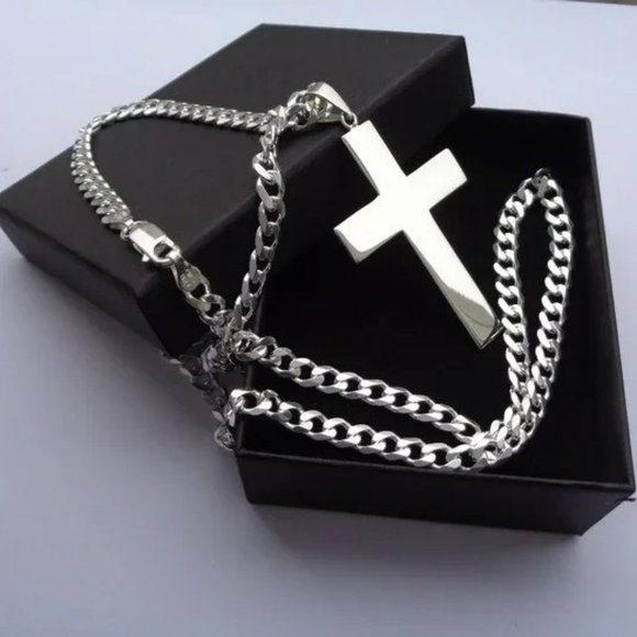 Flat Cross Necklace, 925 ITALY SOLID Sterling Silver Cross Pendant Curb Chain